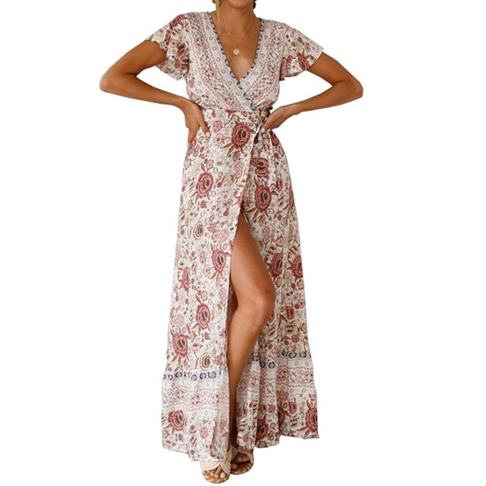 V-neck Wrap Floral Short Sleeve Belted Boho Dress